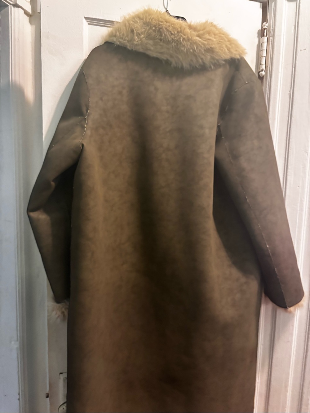 Zara Women's Long Faux Shearling Coat with Fur Collar - Brown
